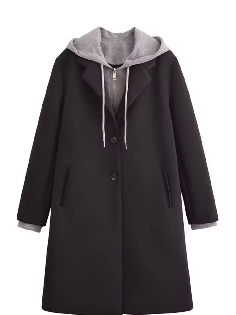 Women's Black Coat with Gray Hoodie Layer